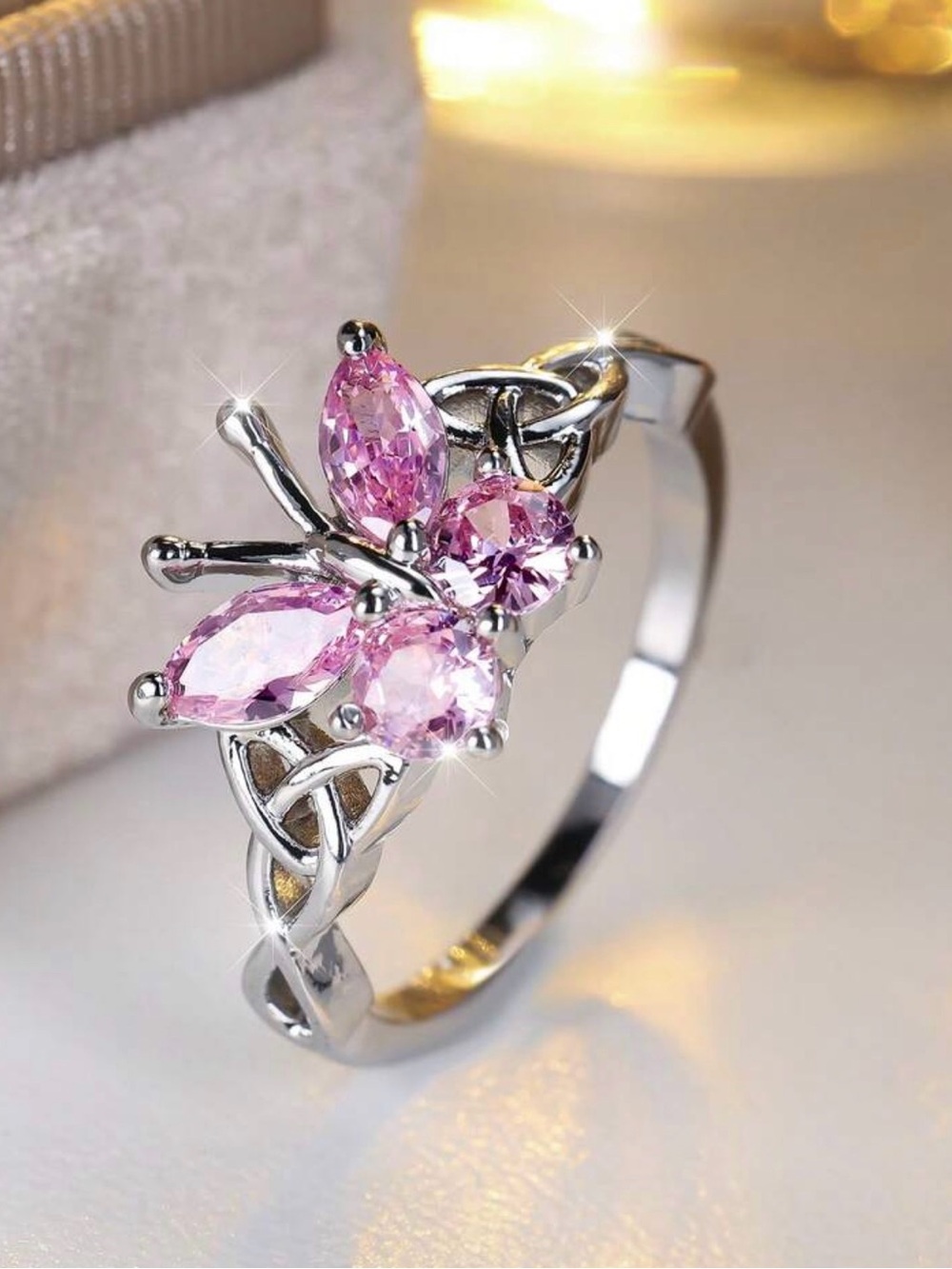 New Silver tone Ring with Pink Crystal Butterfly - Elegant Women’s Jewelry
